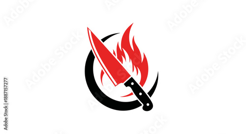 Fiery Culinary Emblem Featuring a Knife and Flames, Suitable for Restaurant Logos