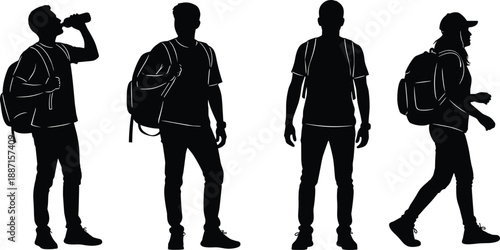 Black silhouettes of hikers with backpacks and water bottles standing and walking on white background, outdoor adventure travel set, trekking group and active lifestyle elements.