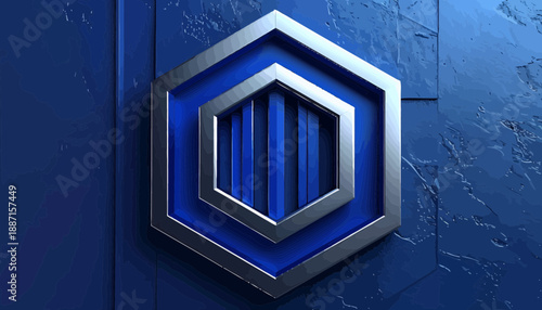 Geometric Abstraction Metallic Hexagon Emblem on Textured Royal Blue Wall Panel