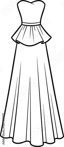Strapless evening gown with sweetheart neckline, peplum waist, and flowing pleated skirt, elegant fashion sketch for design and illustration