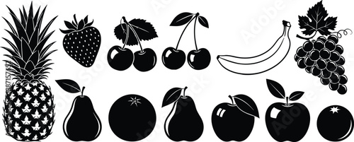 Collection of Fresh Fruit Silhouettes Featuring Pineapple Strawberry Cherry Banana Grapes Pear Orange and Apple Icons for Healthy Eating Nutrition Design and Vector