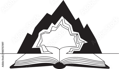 An open book with a leaf emerging from its pages set against a mountainous landscape in a simple illustration
