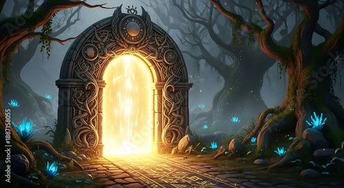 Ancient stone archway emanates bright otherworldly light within a misty forest setting