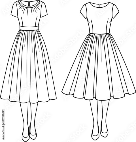Vintage-style fashion illustration of two knee-length dresses with pleated and flared skirts, short sleeves, and fitted bodices