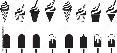 Set of black and white icons representing various ice cream desserts, including soft serve in cones and cups, and different styles of popsicles