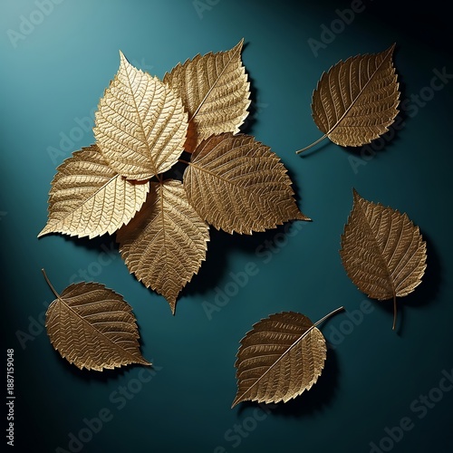 Golden Leaves on Teal Background - Autumnal Still Life.