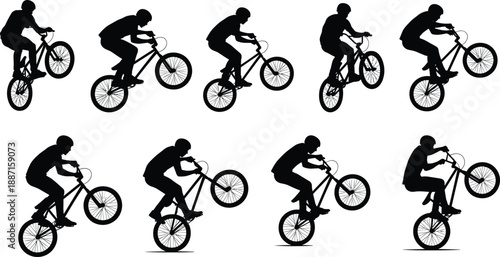 BMX cyclist silhouettes performing freestyle tricks and jumps showing extreme sports action, cycling stunts, and urban athletic motion vector illustration