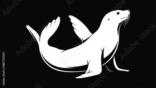 A white seal illustration on a black background