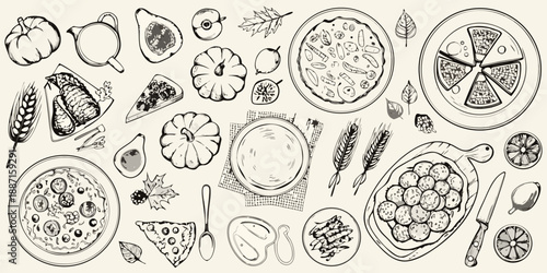 A bountiful harvest sketch pumpkins fruits pies and autumn leaves arrangement