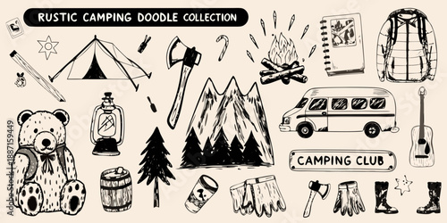 Hand drawn rustic camping elements tents mountains and outdoor gear