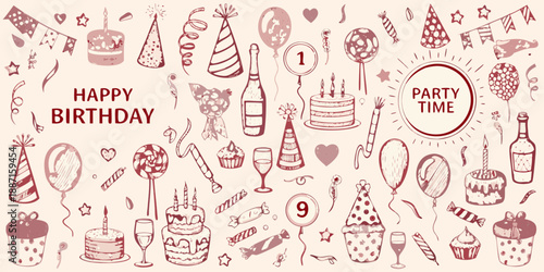 A festive birthday illustration showcasing cakes balloons and celebratory elements