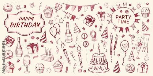 Hand drawn birthday elements cakes champagne gifts and festive decorations