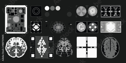 Collection of medical imaging scans brain circles and testing patterns displayed