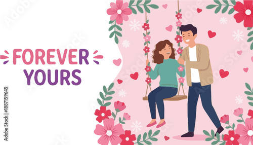Romantic Couple on Flower Swing with Forever Yours Typography, Perfect for Valentine Card, Wedding Invitation, and Love Banner