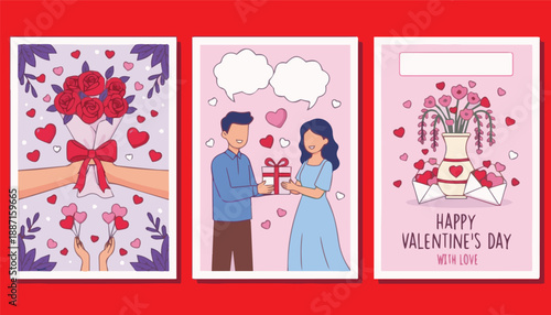 Valentine Greeting Card Collection with Bouquet Gift Exchange and Floral Love Elements for Romantic Design Set