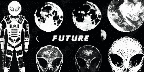 Astronaut aliens and celestial bodies in a retro futuristic monochrome composition