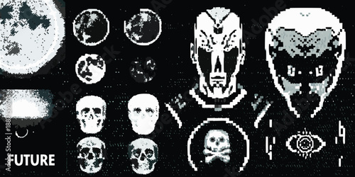 A surreal composition featuring planetary forms skulls and futuristic masked faces