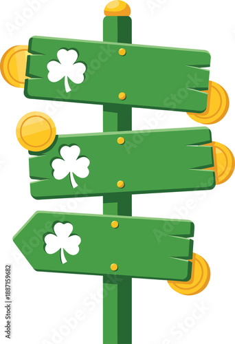 Wooden Signpost with Gold Coins St Patrick’s Day Vector