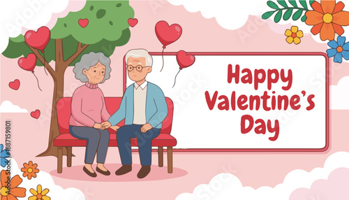 Happy Valentine’s Day Illustration of Elderly Couple Holding Hands on Park Bench, Perfect for Greeting Cards and Romantic Posters