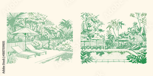 A tranquil poolside scene featuring lush greenery and comfortable lounge chairs