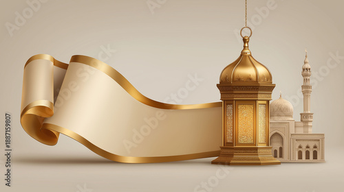 A serene scene presents a gold-adorned lantern, mosque, and an elegant ribbon, symbolising religious festival, invite reflection and reverence. The design radiates peace and spirituality.