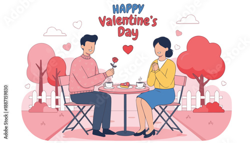 Happy Valentine’s Day Romantic Coffee Date Couple Illustration, Perfect for Cafe Promotion and Love-Themed Content