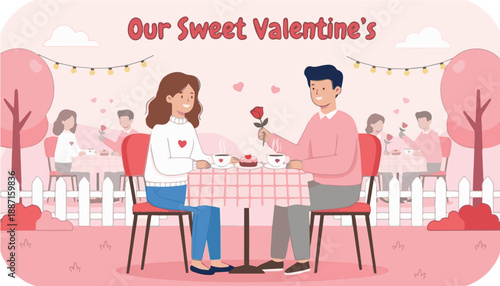 Our Sweet Valentine’s Romantic Dinner Couple Illustration in Outdoor Restaurant, Perfect for Invitations and Event Promotion