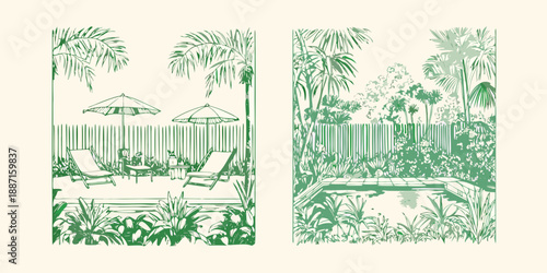 A serene poolside and lush garden illustration in a vintage green style