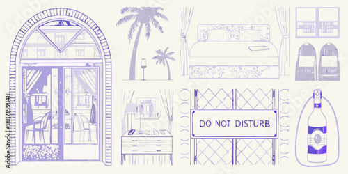 Stylized interior design elements a bedroom palm trees and architectural details