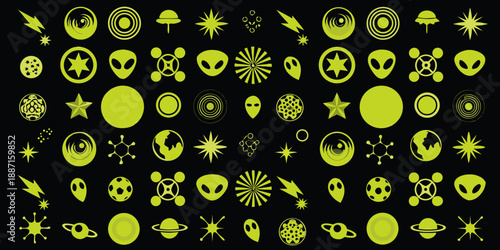 A vibrant collection of glowing green alien designs and cosmic space elements