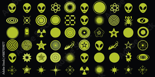 A vibrant collection of glowing green alien heads and mysterious symbols on black