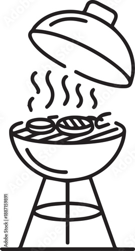 Grilled food on a barbecue grill with lid open, emitting smoke, outdoors