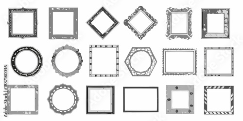 An array of different shaped and styled empty picture frames on white