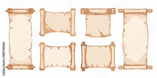 Collection of vintage parchment scrolls and aged paper rolls design elements
