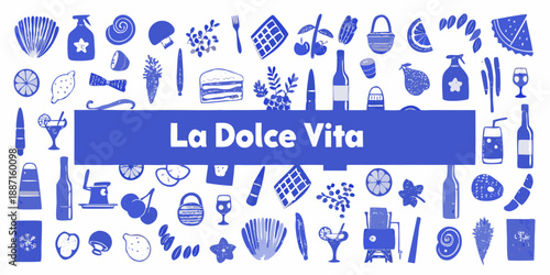 A blue illustrated pattern featuring food drink and lifestyle elements