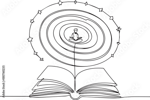 Meditating figure emerges from open book surrounded by celestial spiral and stars