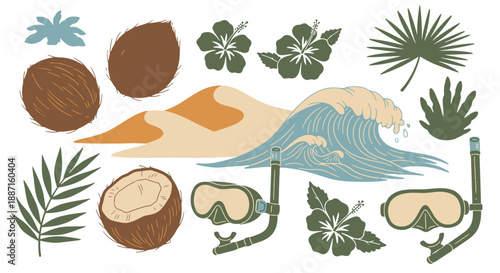 Tropical beach scene with coconuts and palm leaves.