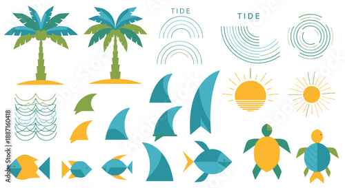 Oceanic elements collection with palm trees and marine life.
