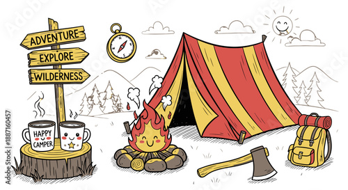 Camping Adventure with Tent and Campfire in Wilderness.