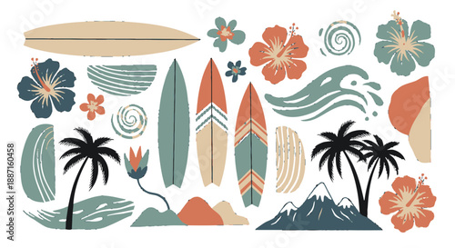 Tropical summer elements with surfboards and palm trees.