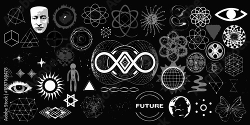 Intricate black and white illustration featuring symbolic shapes and human elements