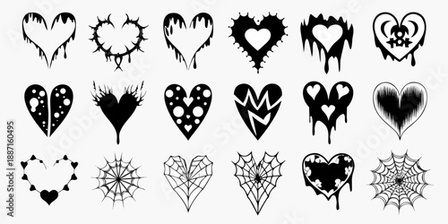 Collection of dark edgy heart shapes with dripping and web designs