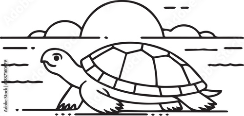 Turtle swimming in the ocean with sun and clouds in the background illustration