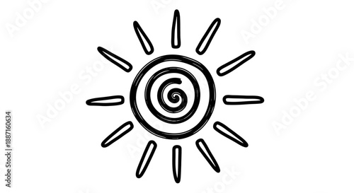 Simple black and white sun icon with spiral center.