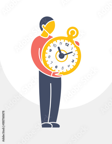 A distorted character sitting and holding a huge clock. Concept of time management, deadlines, waiting, urgency, or the weight of time in a geometric modern style.