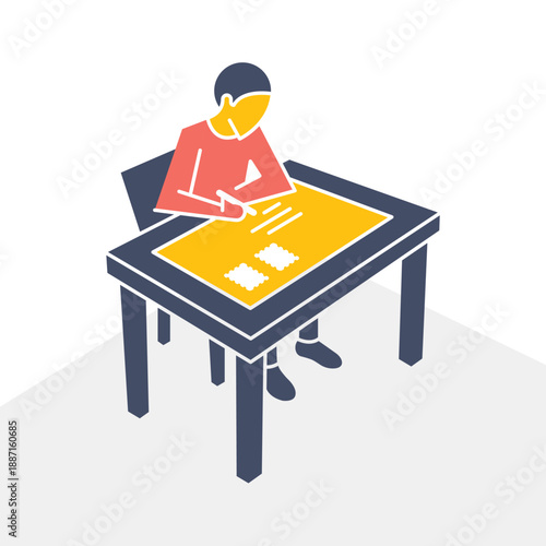 A quirky character leaning over an office desk to write addresses on a massive letter envelope. Concept of communication, sending important mail, or office tasks in abstract vector art.
