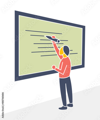 A distorted character figure writing on a blackboard using a disproportionately large chalk. Concept of education, teaching, presenting big ideas, or learning in a geometric naive style.