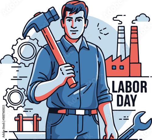 Labor Day Celebration Vector Illustration of Male Worker Holding Hammer with Industrial Factory Background