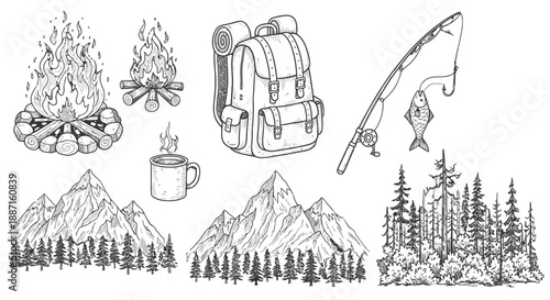 Camping elements illustration set with mountains and forest.