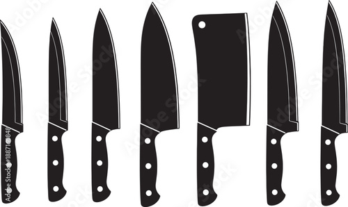 A professional set of sharp steel kitchen knives and a heavy meat cleaver with wooden handles are isolated on a white background as essential cooking tools for a chef